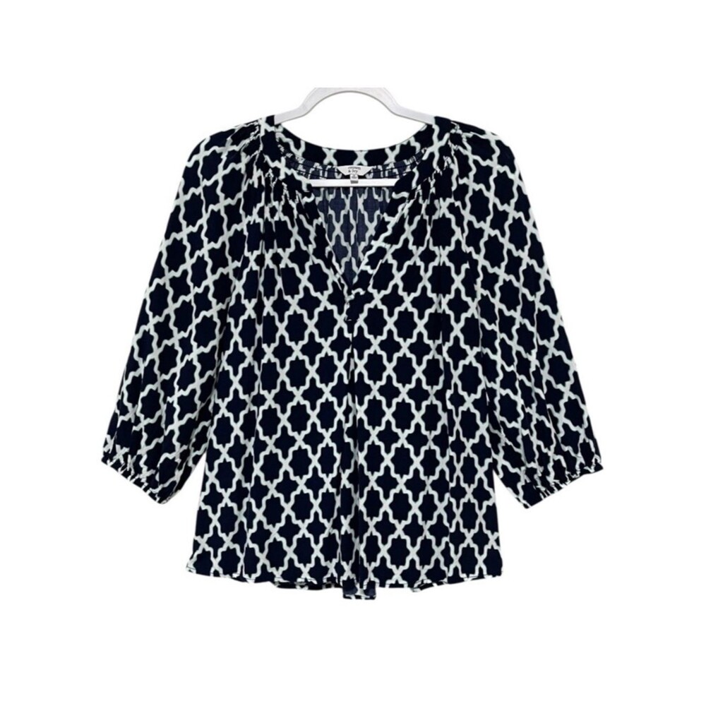 Crown & Ivy Lightweight Blouse Lattice Print Relaxed Fit Navy Turquoise Women M